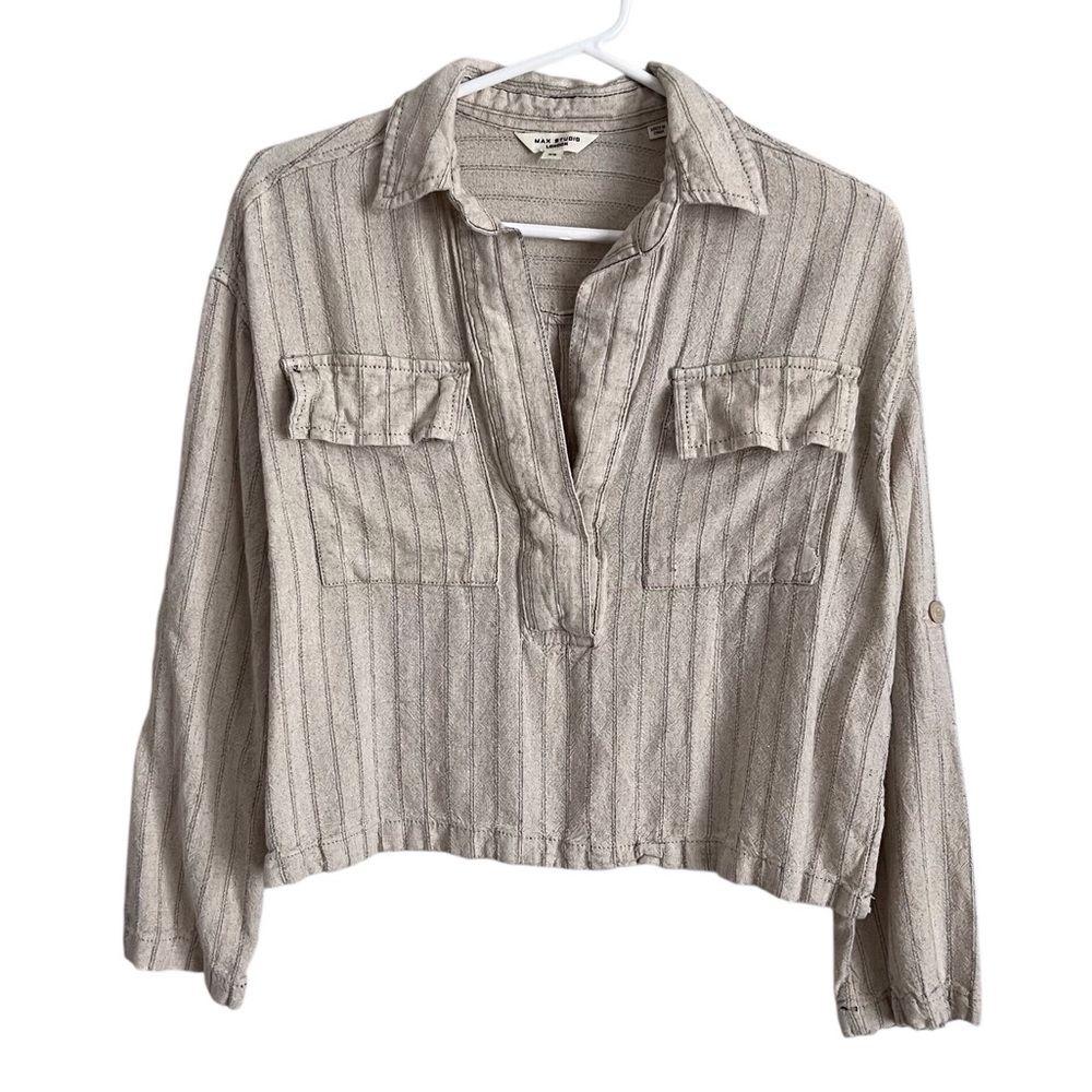 Max Studio Tan Stripe Crop Long Sleeve Top Coastal Linen Bld Casual Lagenlook XS